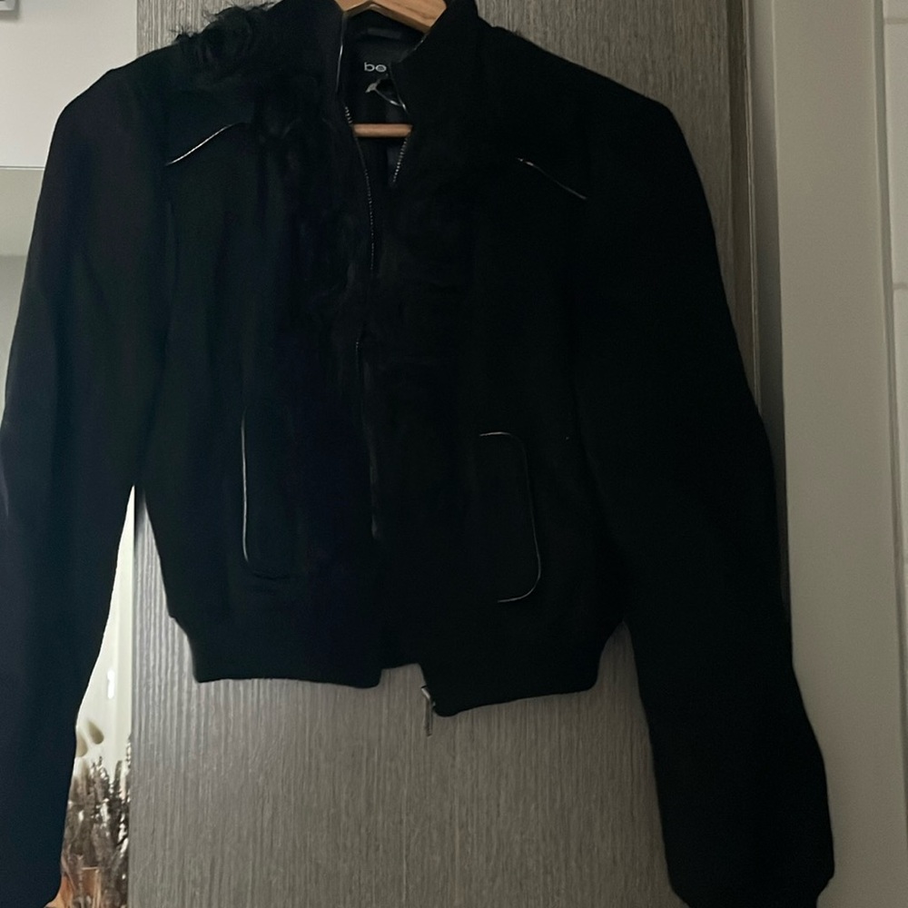 Cropped wool with leather trim fully lined jacket